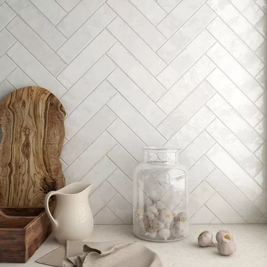 Carrelage Tribeca Gypsum White 6x24,6 cm - posé en cuisine