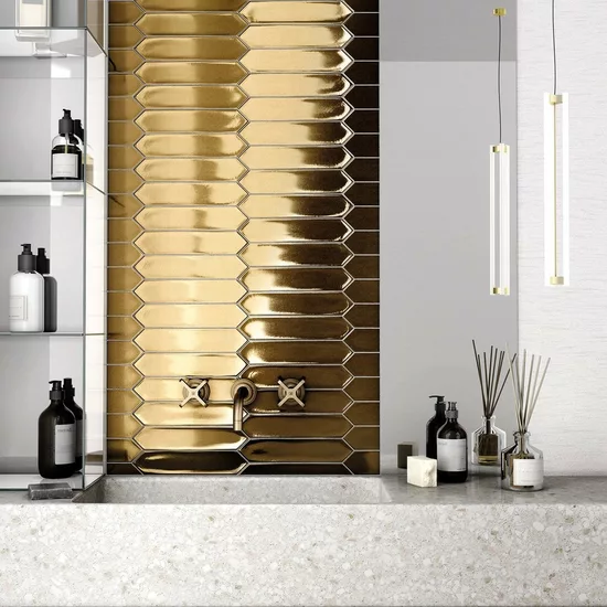 Carrelage Lanse Gold 5x25 cm - posé en salle de bain