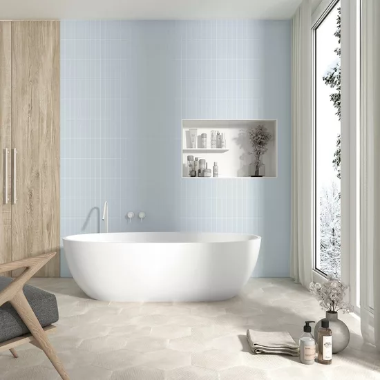 Carrelage Costa Nova Baby Blue Mat 5x20 cm - vue d’ambiance