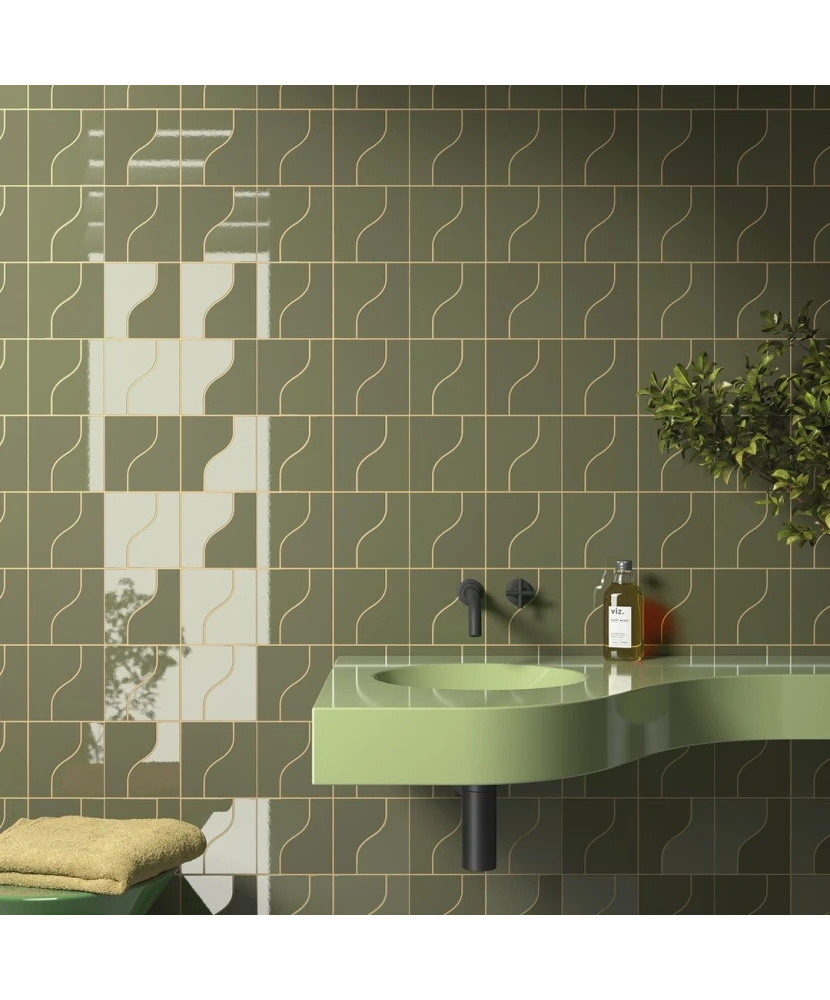 Carrelage Curve Garden Green Mat 8,3x12 cm - posé en salle de bain