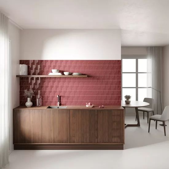 Carrelage Curve Ruby Shade Mat 8,3x12 cm - posé en cuisine