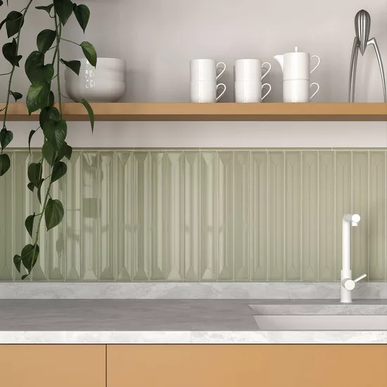 Carrelage Vitral Axis Olive 5x40 cm - posé en cuisine